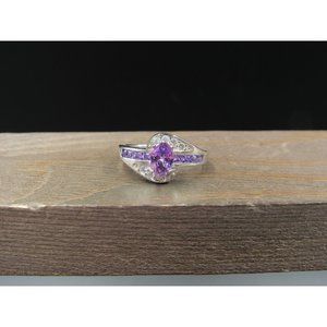 Size 7 Sterling Silver Purple & Clear Gem Cubic Zirconia Band Ring